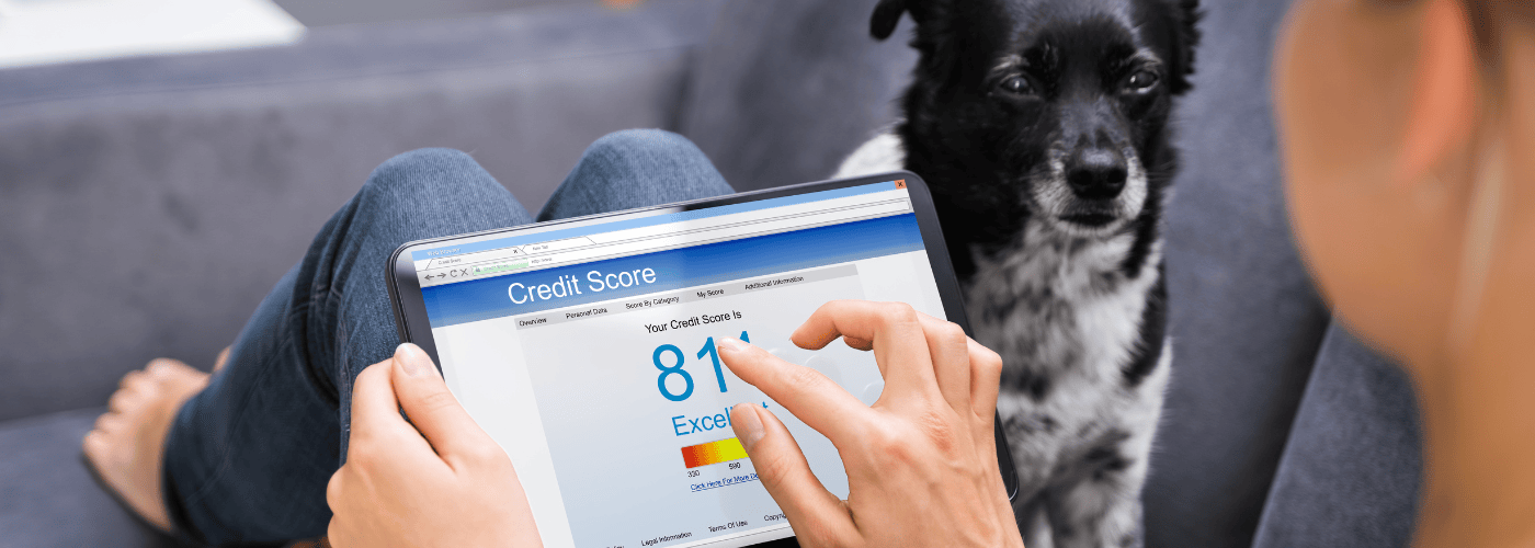 women checking his credit score with a dog car title loan no credit check