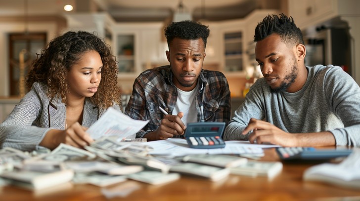 A family calculating finances at home. 