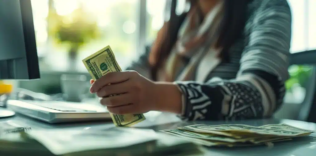 A man in a blue shirt counts paper money behind stacked coins and a white calculator on a wooden desk