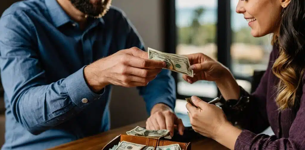 Two people exchange US dollar bills across a white desk with a binder of cash, coins, glasses, and notebook visible